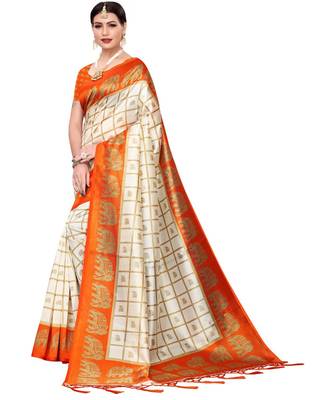 White printed art silk saree with blouse 2
