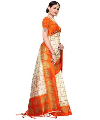 White printed art silk saree with blouse 3