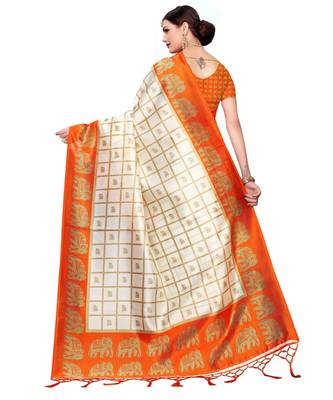 White printed art silk saree with blouse 5
