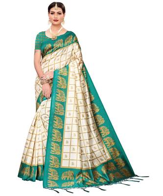 White printed art silk saree with blouse 1