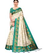 White printed art silk saree with blouse