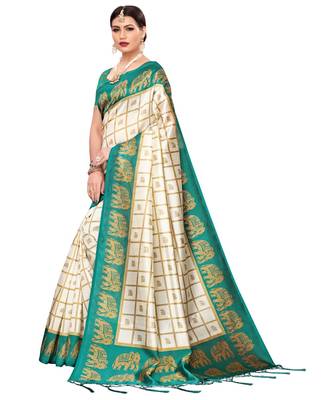 White printed art silk saree with blouse 2