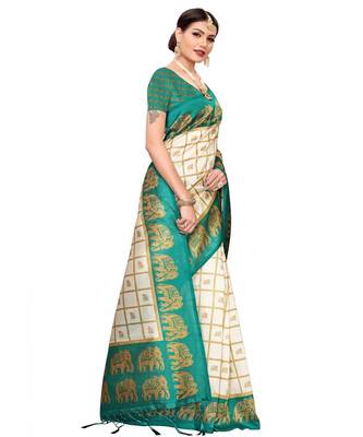 White printed art silk saree with blouse 3