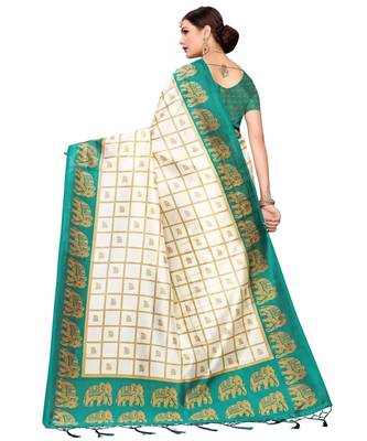 White printed art silk saree with blouse 5