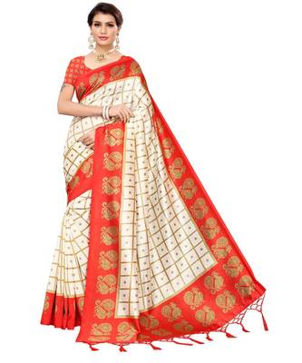 White printed art silk saree with blouse 1