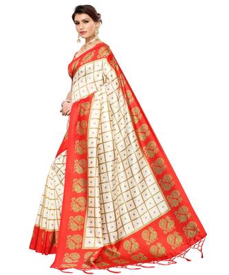 White printed art silk saree with blouse 2