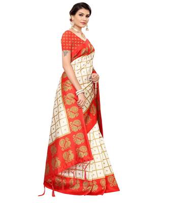 White printed art silk saree with blouse 3