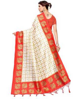White printed art silk saree with blouse 5