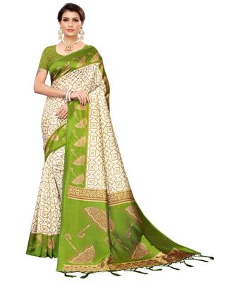 White printed art silk saree with blouse 1