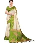 White printed art silk saree with blouse