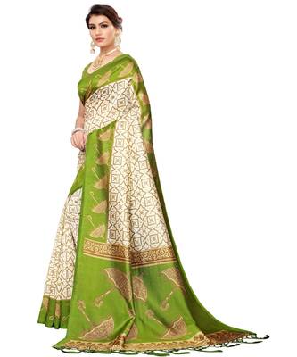 White printed art silk saree with blouse 2