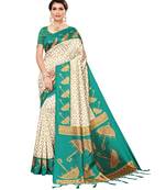 White printed art silk saree with blouse