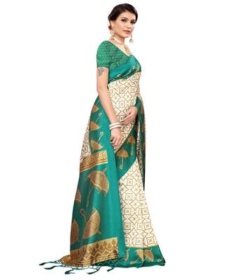 White printed art silk saree with blouse 3