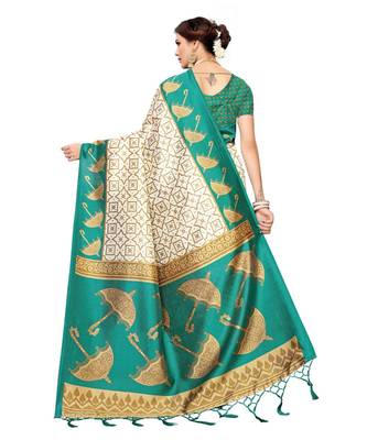 White printed art silk saree with blouse 5