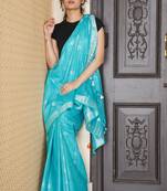Sky Blue Cotton Blended Linen Saree With Silver Border And Coin Buta