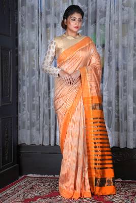 Steel And Mustard Ikkat Textured Saree With Zari Pallu 1
