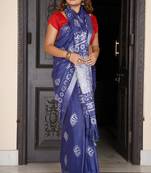 Blue Linen Saree With Batik Print