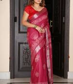 Magenta Linen Saree With Batik Print