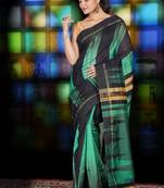 Black And Green Ikkat Weaving Blended Cotton Saree With Zari Pallu