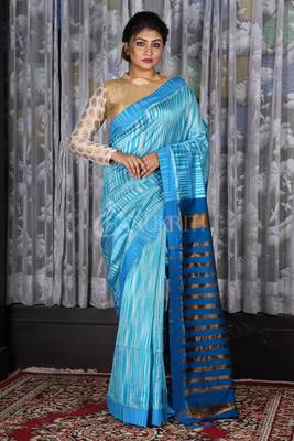 Steel And Blue Ikkat Textured Saree With Zari Pallu 1