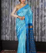Steel And Blue Ikkat Textured Saree With Zari Pallu