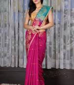 Royal Pink Saree With Peacock Motif Border & Teal Blue Pallu
