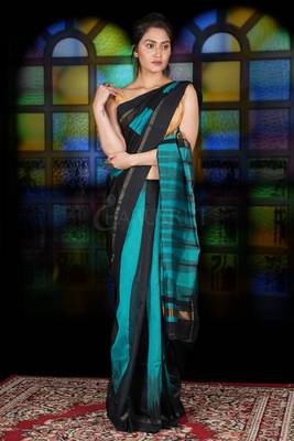 Black And Teal Blue Ikkat Weaving Blended Cotton Saree With Zari Pallu 1