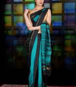 Black And Teal Blue Ikkat Weaving Blended Cotton Saree With Zari Pallu