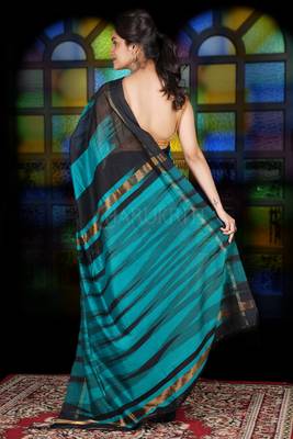 Black And Teal Blue Ikkat Weaving Blended Cotton Saree With Zari Pallu 2