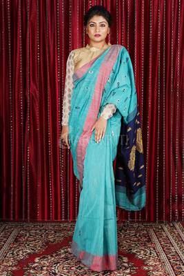 Sky Blue Blended Cotton Saree With Small Buta & Navy Blue Weaved Pallu 1