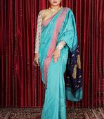 Sky Blue Blended Cotton Saree With Small Buta & Navy Blue Weaved Pallu