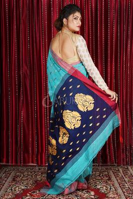 Sky Blue Blended Cotton Saree With Small Buta & Navy Blue Weaved Pallu 2
