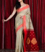 Beige Pure Cotton Saree With Allover Weave & Maroon Pallu