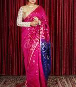 Royal Pink All Over Jamdani Weaved Saree With Blue Pallu