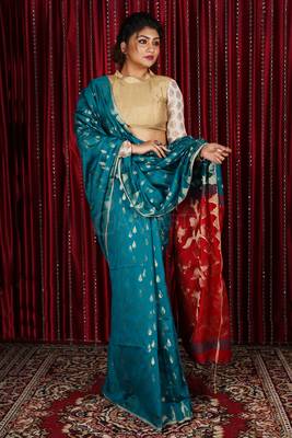 Teal Blue Blended Cotton Saree With Allover Zari Design & Maroon Pallu 1