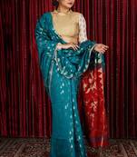 Teal Blue Blended Cotton Saree With Allover Zari Design & Maroon Pallu