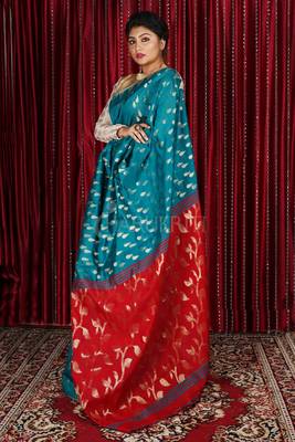 Teal Blue Blended Cotton Saree With Allover Zari Design & Maroon Pallu 2