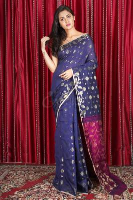 Indigo Blue Blended Cotton Saree With Allover Zari Design & Magenta Pallu 1