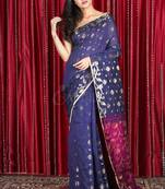Indigo Blue Blended Cotton Saree With Allover Zari Design & Magenta Pallu