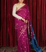Magenta All Over Jamdani Weaved Saree With Blue Pallu