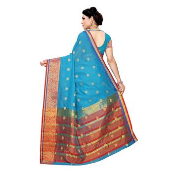 Blue woven cotton silk saree with blouse 4