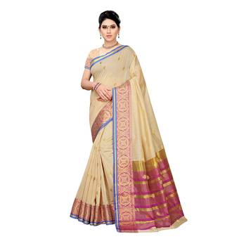Beige woven cotton silk saree with blouse 1