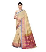 Beige woven cotton silk saree with blouse