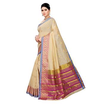 Beige woven cotton silk saree with blouse 2