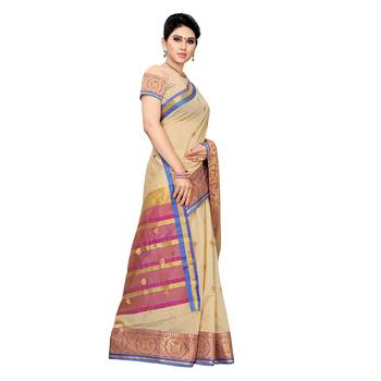 Beige woven cotton silk saree with blouse 3