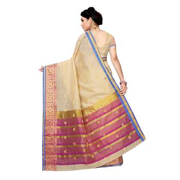 Beige woven cotton silk saree with blouse 4