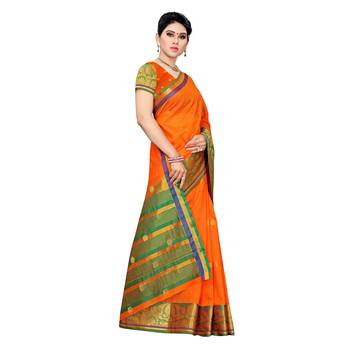 Orange woven cotton silk saree with blouse 3