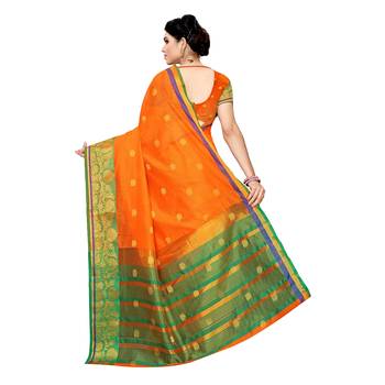 Orange woven cotton silk saree with blouse 4