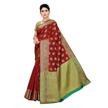 Maroon woven cotton silk saree with blouse 1