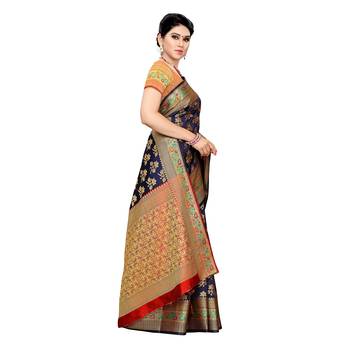 Blue woven cotton silk saree with blouse 3